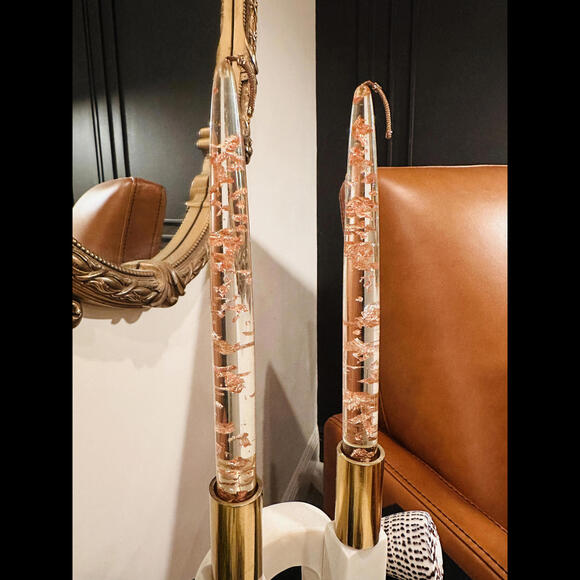 Vintage Gregorian Lucite Candlesticks With Copper Flakes Non-Burning Lucite - Picture 3 of 7